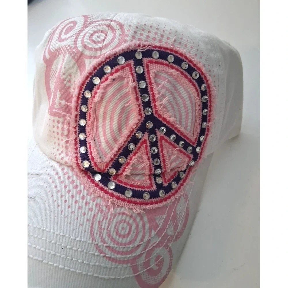 Leader Peace Sign Cadet Cap Distressed Crystal Studded Women's Adjustable White